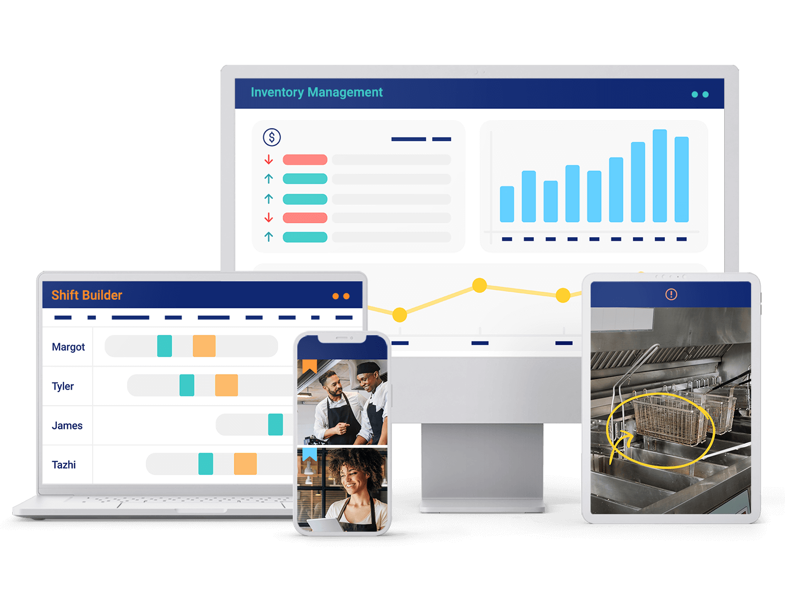 Mobile and desktop devices showing various Crunchtime restaurant management software in action