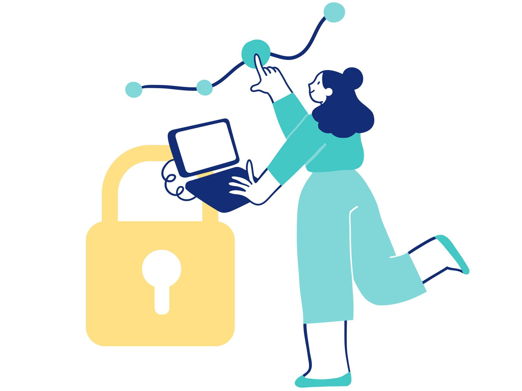 Illustration of woman using restaurant software with data security lock