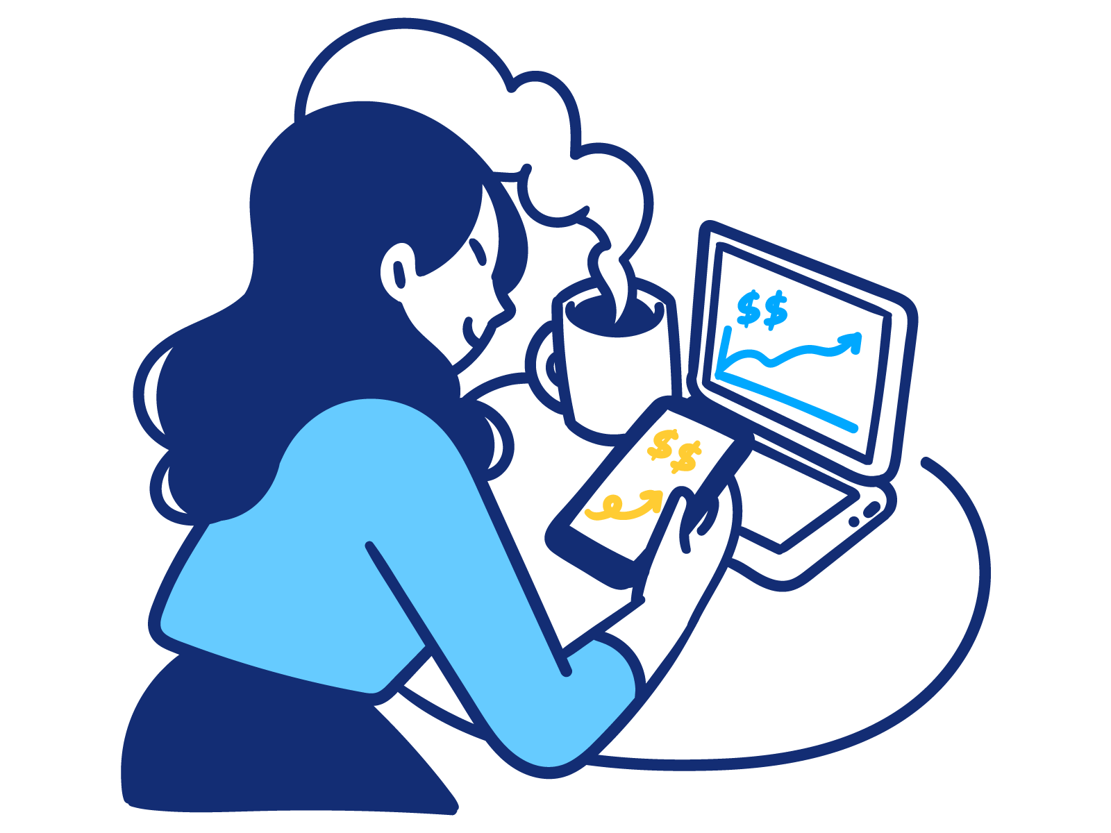 Crunchtime illustration of a woman saving money and using technology