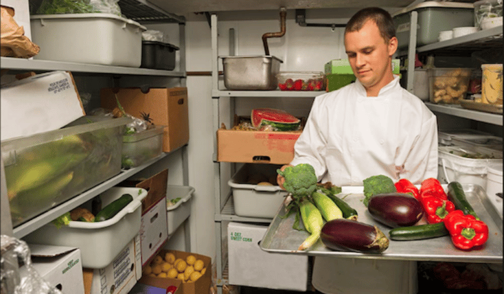 A restaurant worker takes inventory in a walk in. Learn more about the ROI of inventory software and Measuring the return on investment ROI of restaurant inventory software.