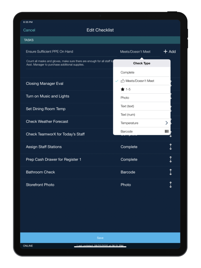 Restaurant Checklist Editing and Management Tablet