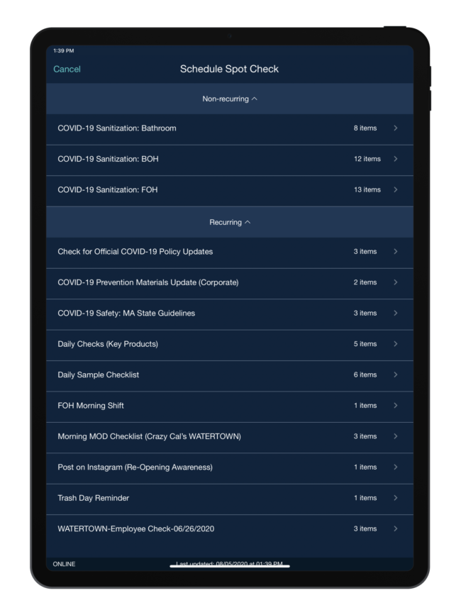 Restaurant Checklist Software Tablet